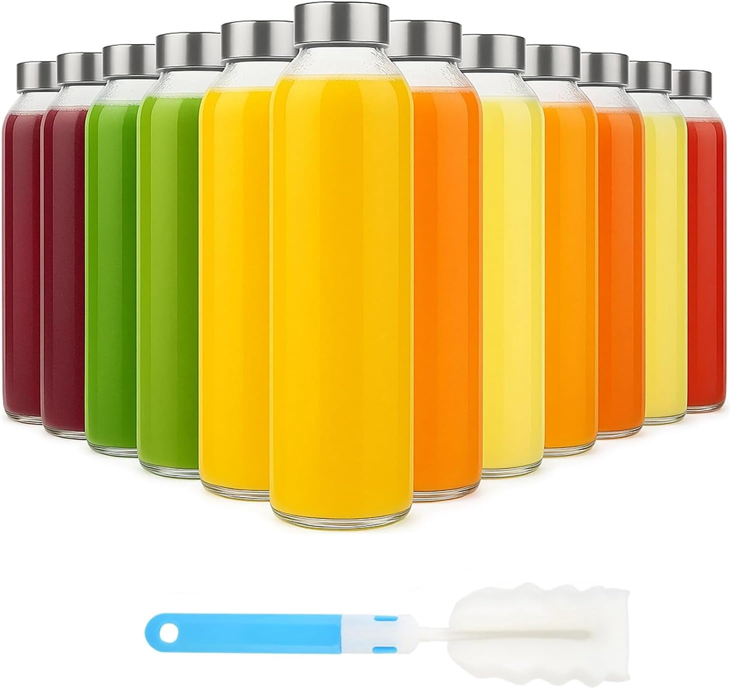 [12 Pack] 18 oz Glass Water Bottles with Lids, Juice Bottles, Clear glass juice bottle for juicing, Eco-Friendly Reusable Glass Juicing Bottles with Stainless Steel Lid, Free,Leak-Proof