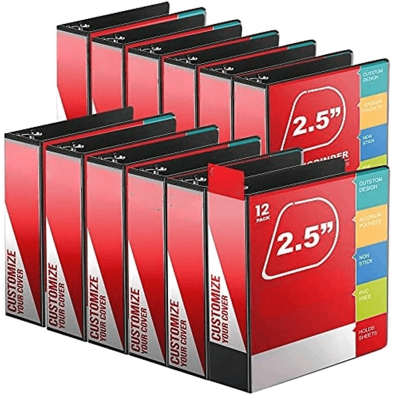 12 Pack of 2.5 Inch 3 Ring Binder with Locking Angle D Rings, Professional Heavy Duty Large Storage Binder with Pockets, Fits 8.5 x 11 Inch Sheets, Non-Stick Clear View Cover, Customizable, Black