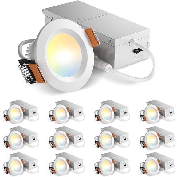 12 Pack 2 Inch 5CCT Ultra-Thin LED Canless Recessed Ceiling Light with Junction Box, 2700K/3000K/3500K/4000K/5000K Selectable, CRI90+, 6W=40W, 350LM, Dimmable Canless Wafer Downlight-ETL&FCC