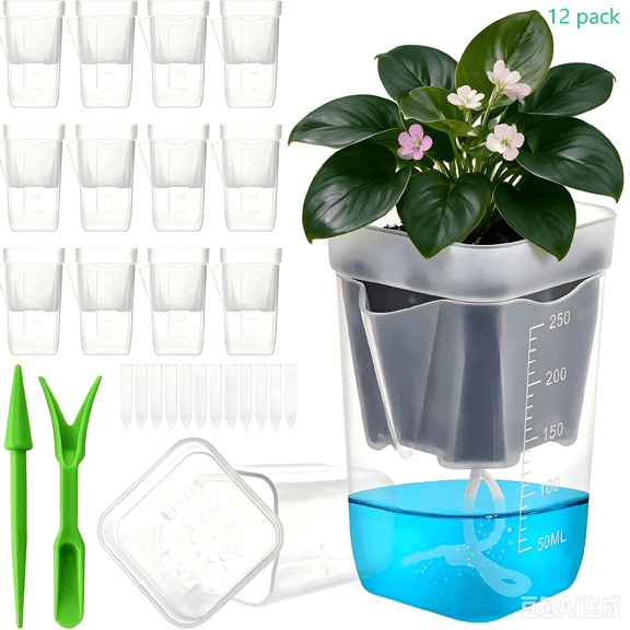12 Pack 2" Mini Self Watering Pots for Indoor Plants Small Clear Plastic Planters for Alocasia Corm Propagation, African Violet, Cutting, Seeding, with Water Level Indicator & Drainage Hole, 12 Pla