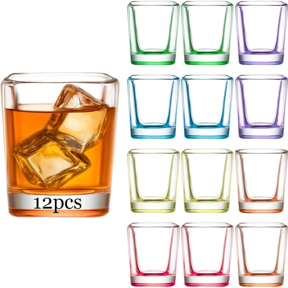 12 Pack 2 OZ Shot Glasses Set Gradient Colorful Shot Glasses Bulk with Heavy Base Square Glass Shot Cups for Vodka Tequila Whiskey Liquor