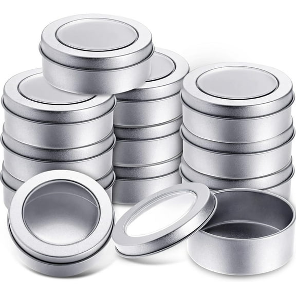 12 Pack 2 Ounce Metal Tin Cans Round Empty Container Salve Tins with Clear Lid for Kitchen, Office, Candles, Candies