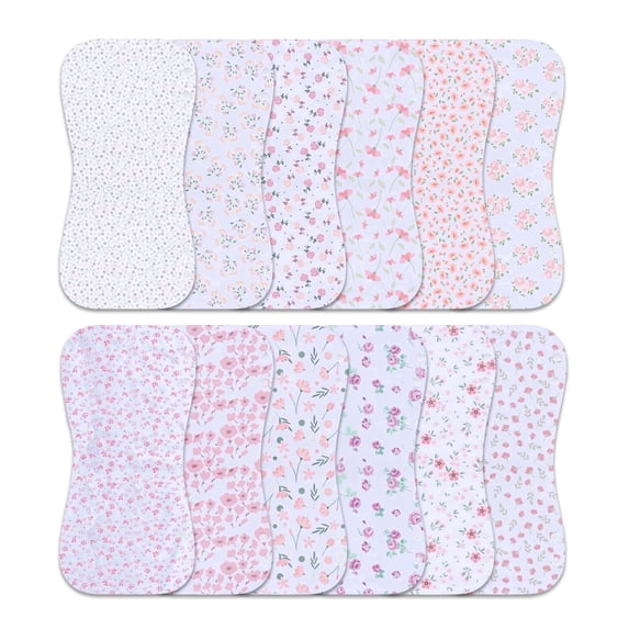 12-Pack 2-in-1 Baby Bibs & Burp Cloths Set, 3-Layer Design, Large Size, Super Absorbent, 100% Organic Cotton, Soft & Comfortable, Pink Floral for Girls