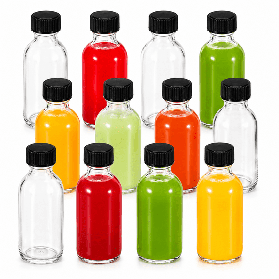 12-Pack 2 oz (60ml) Small Glass Boston Round Bottles with Lids, Leakproof Mini Glass Bottles for Juicing, Smoothies, Shot & Homemade Drinks