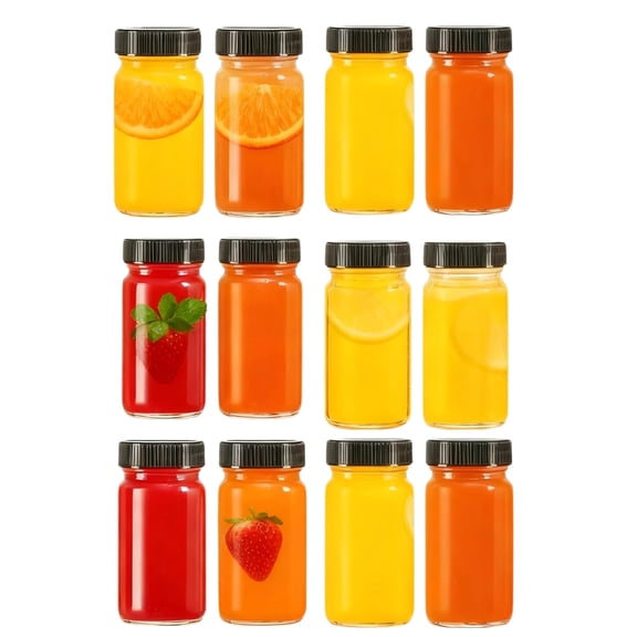 12 Pack 2 oz Glass Shot Mini Bottles with Black Lids - Reusable Leakage-Proof Small Clear Jar for Ginger, Wellness Shot, Juice, Sample, Whiskey, Essentials - Wide Mouth Containers, Dishwasher Safe