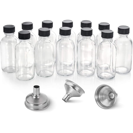 12 Pack, 2 oz Small Clear Glass Bottles w/Lid & 3 Funnels - 60ml Boston Shot Bottles for Health, Immunity, Potion, Wellness, Sample, Ginger, Juice - Mini Personal Care & Beauty Travel Bottle