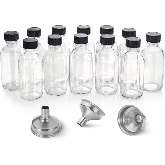 12 Pack 2 oz Small Clear Glass Bottles w/Lid & 3 Funnels - 60ml Boston Shot for Health Immunity Potion Wellness Sample Ginger Juice Mini Personal Care Beauty Travel Bottle
