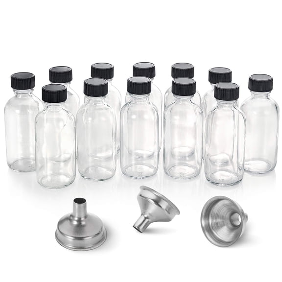 12-Pack 2 oz Small Glass Bottles with Lids and 3 Funnels, 60ml Boston Round Shot Bottles for Health, Immunity, Potion and Sample, Mini Personal Care and Beauty Travel Bottles