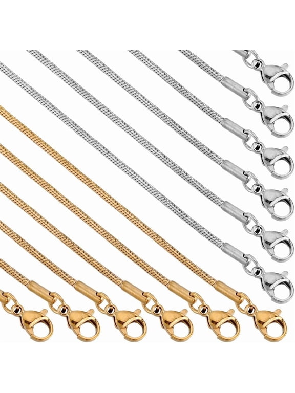 12 Pack 20 Inch/ 0.5m 1mm Stainless Steel Snake Chain Bulk Snake Necklace Making Metal Gold Silver Lobster Claw Clasps Cable Link Chains Handmade