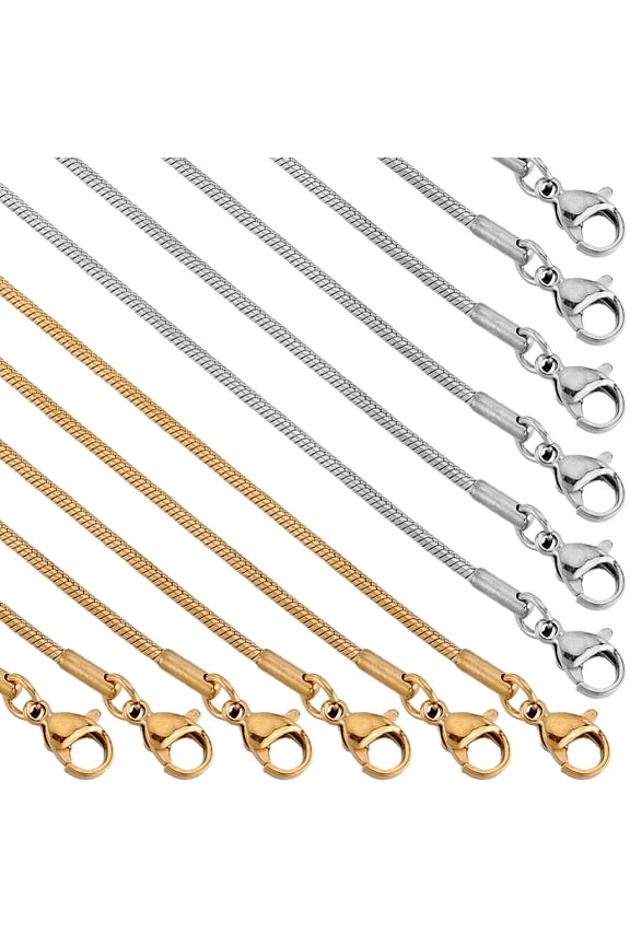 12 Pack 20 Inch/ 0.5m 1mm Stainless Steel Snake Chain Bulk Snake Necklace Making Metal Gold Silver Lobster Claw Clasps Cable Link Chains