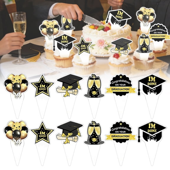 12 Pack 2026 Graduation Cupcake Toppers, Black & Gold Grad Cap Diploma Design, Perfect for Graduation Cake Decorations, Commencement Parties & Dessert Displays, Graduation dessert table supplies,