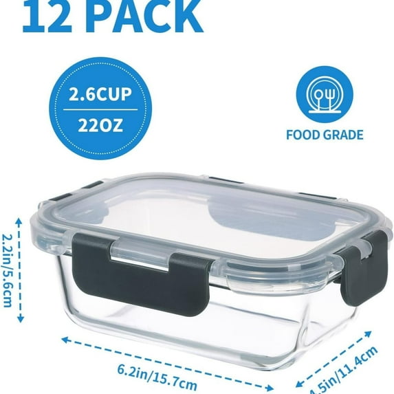 12 Pack 22oz Glass Meal Prep Containers, Food Storage Containers with Lids, Air-Tight, Leak-Resistant, Freezer to Microwave Safe - Grey Set