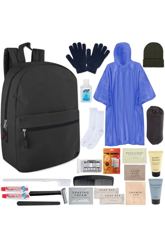 12 Pack of 24 Piece Bulk Wholesale Homeless Care Charity Donation Winter Survival Kits Containing Solid Color Backpack, Rain Poncho, Throw Blanket, Beanie Hat, Gloves, Socks, Toothbrush & More!