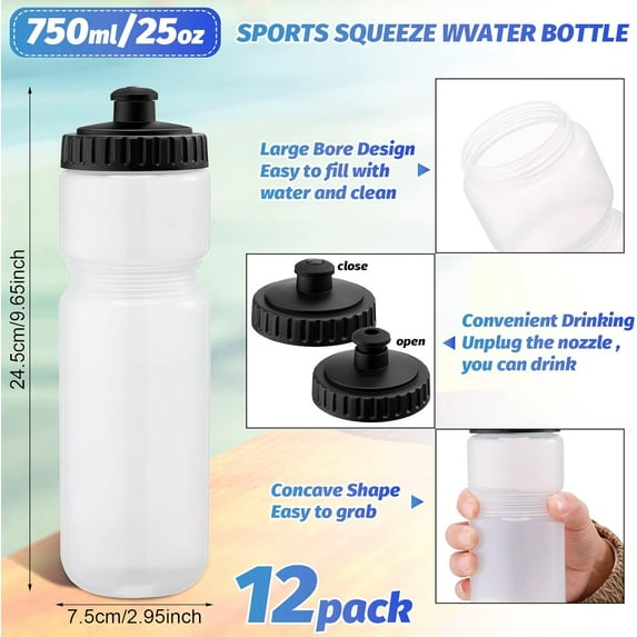 12 Pack 25 Oz Sports Squeeze Water Bottles with Push/Pull Cap for Cycling, Fitness, Outdoor Activities