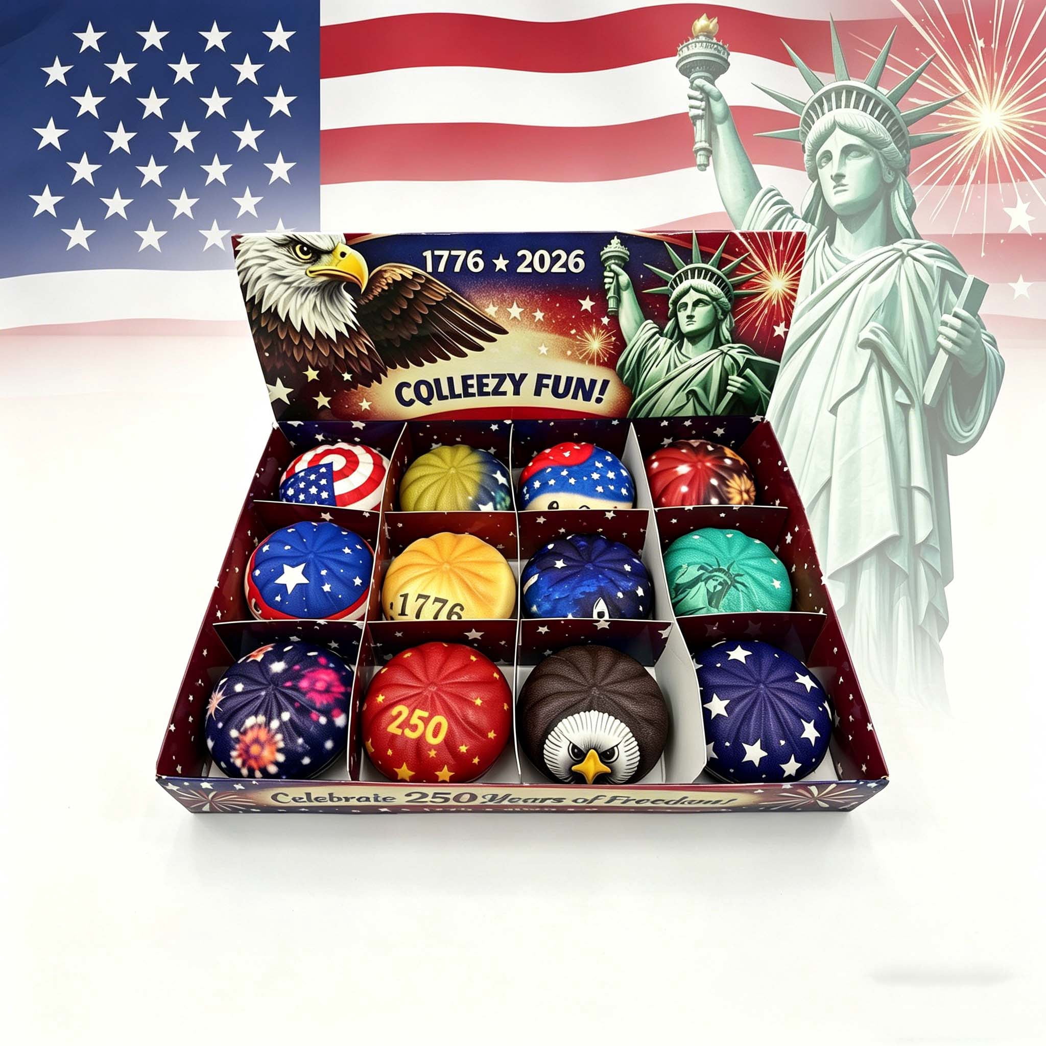 12 Pack 250th Anniversary USA Squishies Bao Bun Set, Patriotic 4th of July Fidget Stress Big Dumplings, Slow Rising Steamed Bun Squeeze Sensory Balls for Patriotic Gift Party Favors