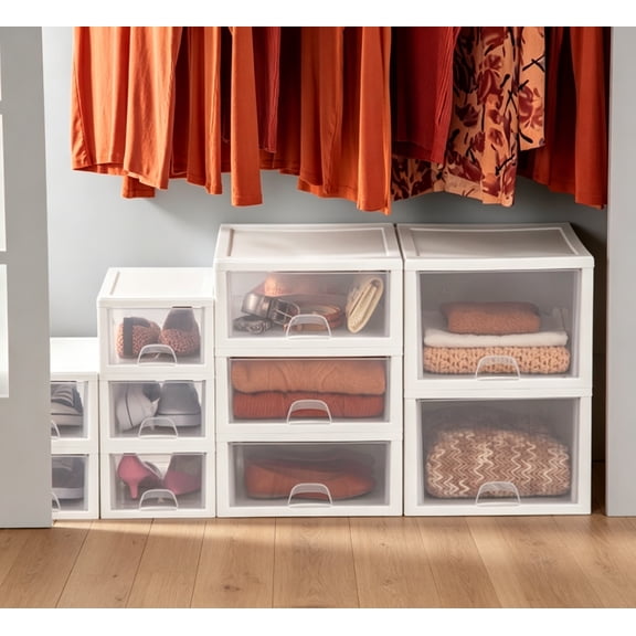 12-Pack 27 Quart Stacking Drawer, Clear Storage Closet Organizer, White Frame, Stackable Modular Plastic Drawers for Clothes, Accessories, Craft Supplies, Shoes or Linens