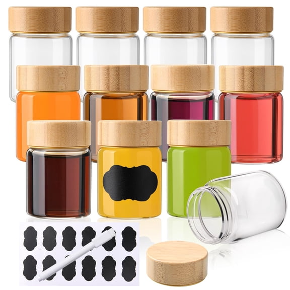 12 Pack 2oz/60ml Mini Glass Shot Bottles with Bamboo Lids, Reusable Wellness Shots Bottles with Label, Pen, Clear Small Glass Jars for Juice, Ginger(Dishwasher Safe & Leak Proof)