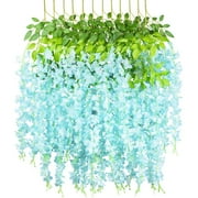 DOINGART 12 Pack 3.6 Feet/Piece Artificial Fake Wisteria Vine Rattan Hanging Garland Silk Flowers String Home Party Wedding Decor, Blue