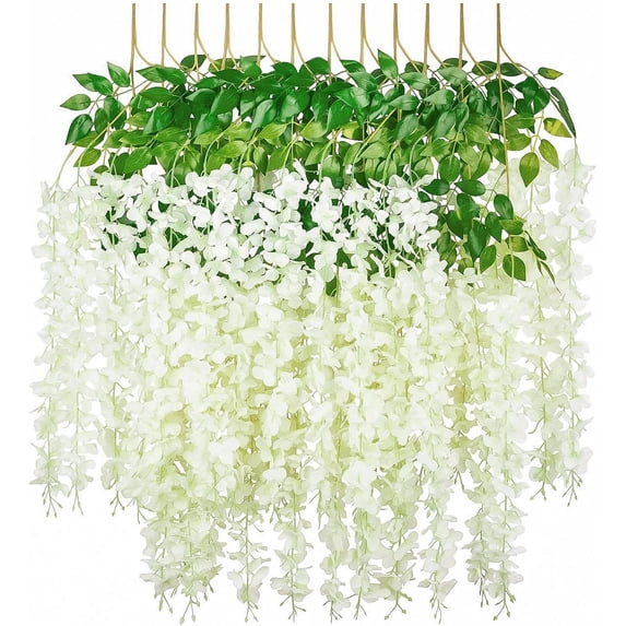 12 Pack 3.6 Feet Wisteria Hanging Flowers, Artificial Fake Wisteria Flower Vines Garland Silk Flowers String for Wedding Party Wall Decorations, White