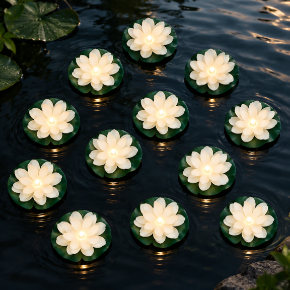 12 Pack 3.94 Inch White Floating Lotus Pool Lights for Outdoor Decor