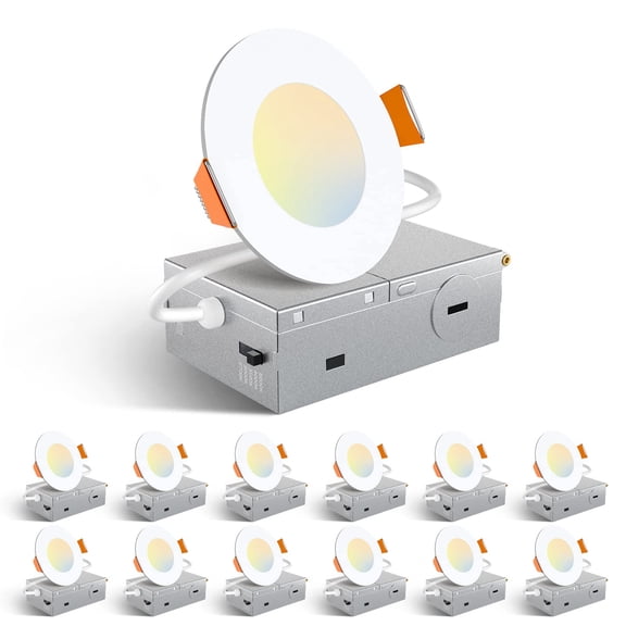 12 Pack 3 Inch 5cct Ultra-thin Led Recessed Ceiling Light With Junction Box 2700k/3000k/3500k/4000k/5000k Selectable 7w Eqv 60w Dimmable Canless Wafer Downlight 500lm High Brightness -etl
