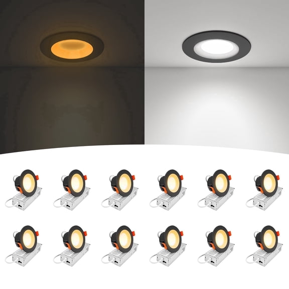 12-Pack 3 Inch Anti-Glare Recessed LED Lights with Night Light Deep Baffle Design, Dimmable, 2700K-5000K 5CCT Selectable, with Junction Box, Canless, 680lm, ETL Listed, Black