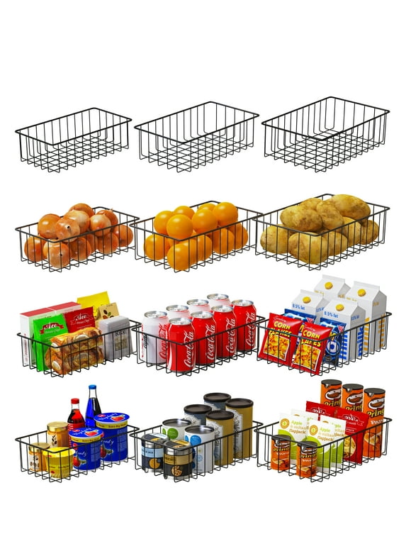 12 Pack (3 Szie) Wire Storage Baskets for Organizing,Pantry Organization Bins for Cabinets, Metal Basket for Kitchen, Laundry, Garage, Fridge, Bathroom Countertop,Freezer Organizer(Black)