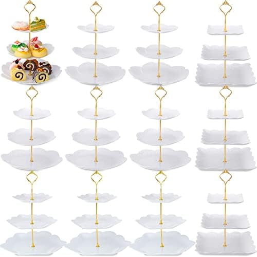 12 Pack 3 Tiers White Cupcake Stand Plastic Tiered Trays White Cupcake Holder Pastry Serving Platter Fruit Cookie Display Tower Tray Dessert Serving Stand with Gold Rod for Wedding Tea Birthday Party