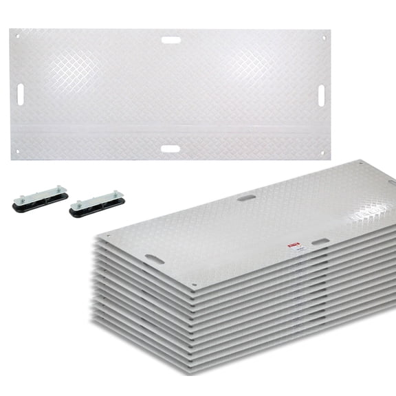 12 Pack 3' x 8' White Ground Protection Mats with Diamond Plated Tread Design & 22 Pcs Single Connectors - Polyethylene Mat, Easily Supports 90 Ton Loads on Lawns, Dirt