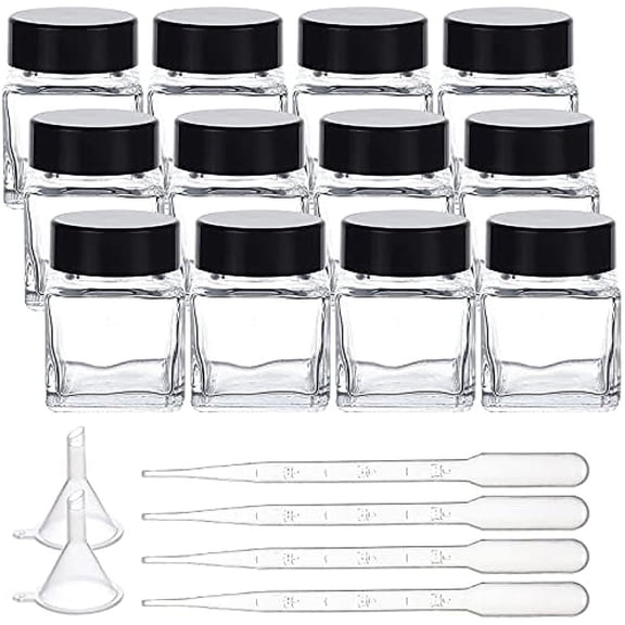 12 Pack 30ml Clear Empty Ink Bottles Glass Fountain Pen Ink Bottle with ABS Plastic Bottle Caps 4pcs Mini Transparent Plastic Funnel 6pcs 2ml Disposable Plastic Teardrop