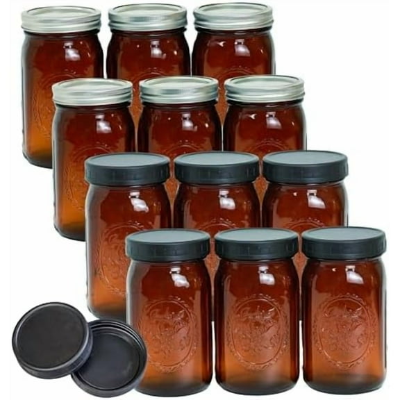 12 Pack 32 oz Amber Mason Jars, Wide Mouth Mason Jars with Lids and Bands and 12 Black Plastic Mason Jar Lids, Canning Jars Used for Canning, Pickling, Juice, Jam, Jelly$$Home Decor, Kitchen, & Other