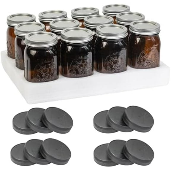 12 Pack 32 oz Amber Wide Mouth Mason Jars with Airtight Lids and Black Plastic Mason Jar Lids, Amber Canning Jars with Lids$$Home Decor, Kitchen, & Other