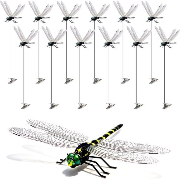 12 Pack 3D Dragonfly Clips, Fake Dragonflies with Stakes, Realistic Plastic Dragonfly Garden Decorations, Fly Deterrent Clips for Hats, Pets, Horses, Deer, Yard, Patio, Indoor & Outdoor Decor
