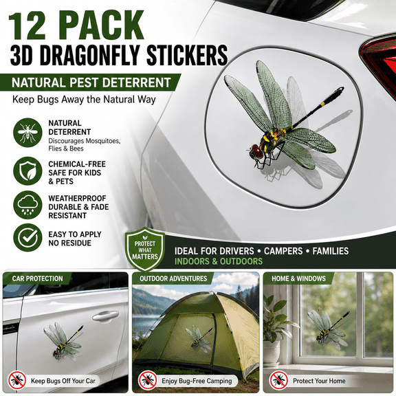 12 Pack 3D Dragonfly Sticker Deterrent, Realistic Visual Predator Decals for Car Exterior, Fuel Tank, & Tent, Chemical-Free Repellent for Summer Road Trips