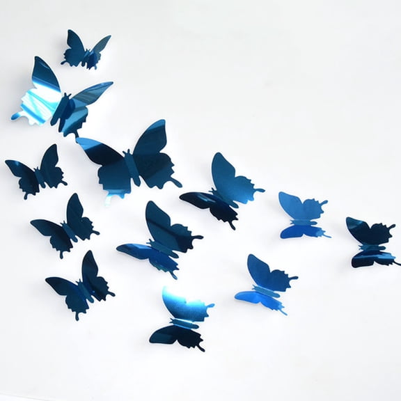12-Pack 3D Glossy Mirror Blue Butterflies Wall Decorations - Mirror Effect 3D Raised Design For Wall And Tabletop Home Party Decor - For Bedroom Living Room Kitchen Bathroom