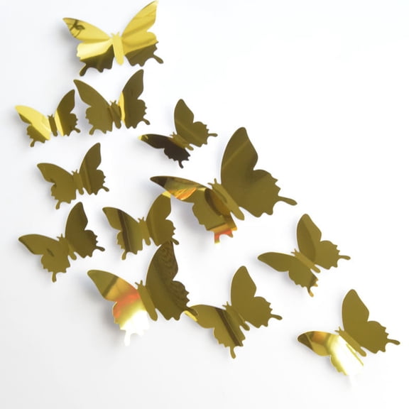 12-Pack 3D Mirror Gold Butterflies Decor - 3D Lifelike Structure With Golden Mirror-Finish For Wall Decals Table Accents - For Living Room Bedroom Office Weddings Parties Events