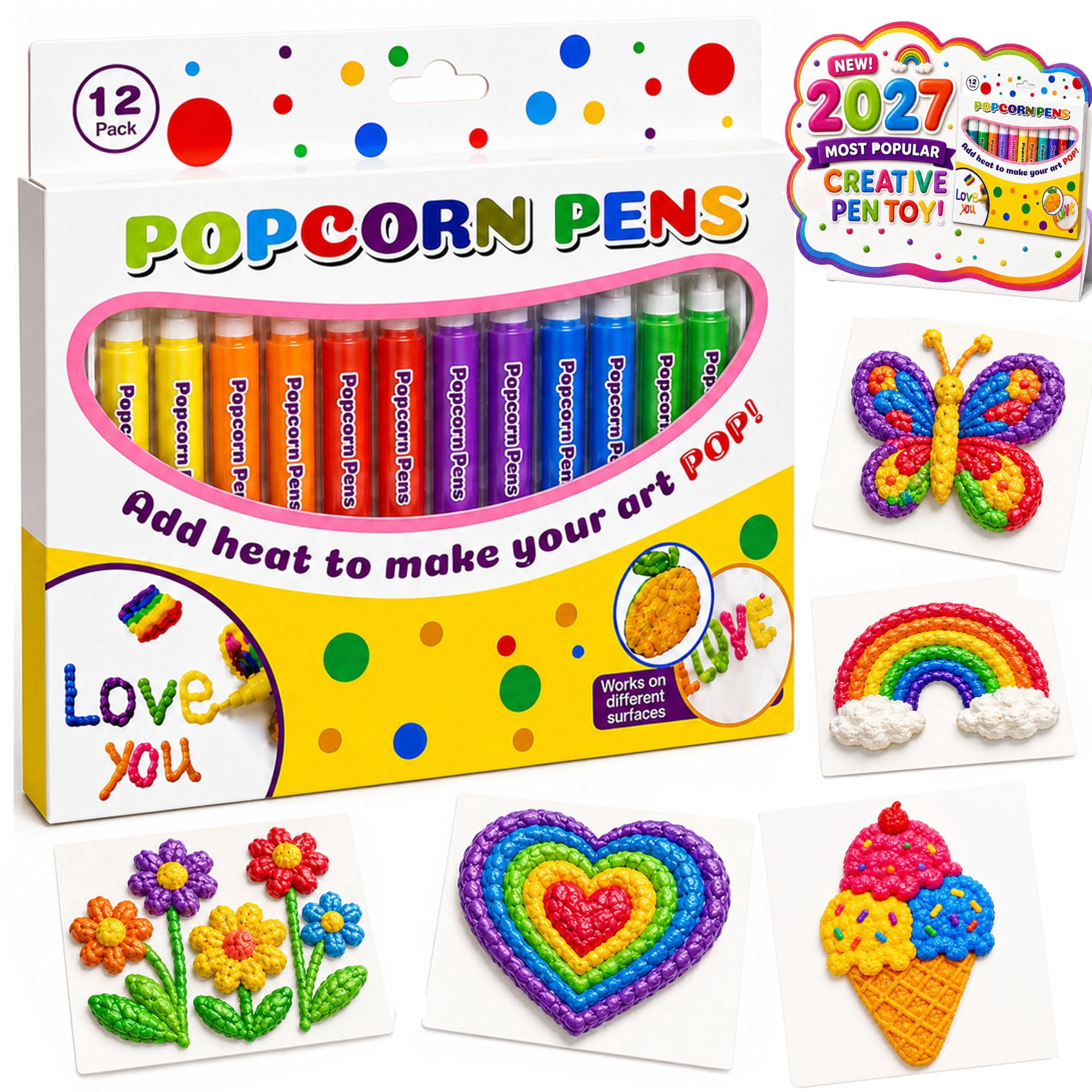12 Pack 3D Popcorn Paint Pens Heat - Activated DIY Craft Art Markers ...