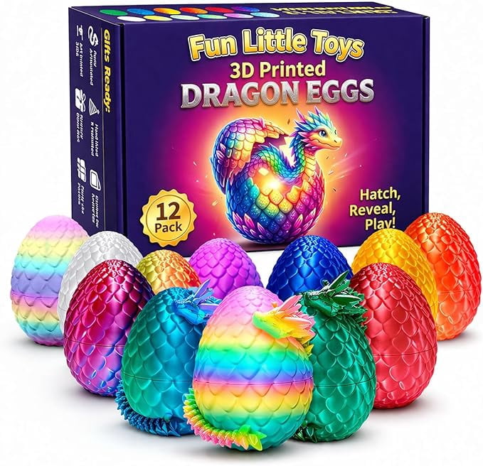 12 Pack 3D Printed Dragon Eggs – Articulated Fidget Dragons Inside Surprise Eggs, Flexible Poseable Toys for Sensory Play, Party Favors Classroom Prizes Collectible Desk Toys for Kids