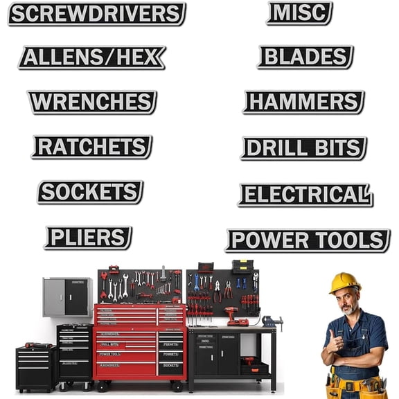 12 Pack 3D-Printed Magnetic Tool Box Labels, Reusable Magnetic Tags for Steel Toolboxes, Carts, Drawers & Cabinets Storage Identification
