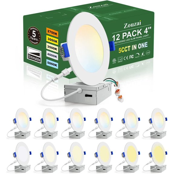 12 Pack 4 In 5CCT Ultra-Thin LED Recessed Ceiling Light with Junction Box, 2700K/3000K/3500K/4000K/5000K Selectable, 9W Eqv 80W, Dimmable, led can Lights - ETL and Energy Star Certified