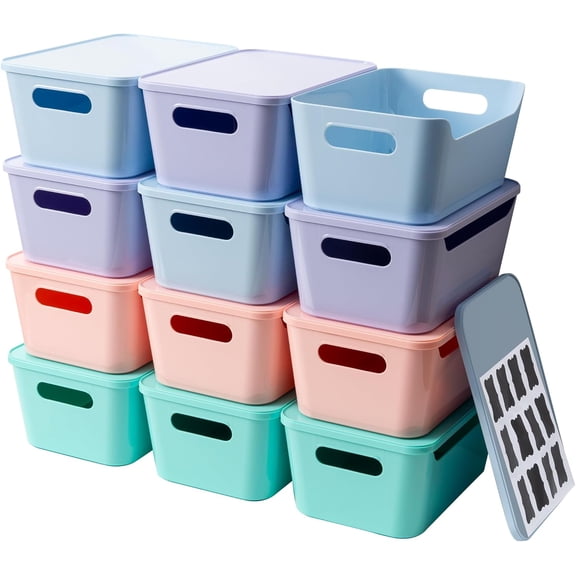 12 Pack 4.5L Stackable Plastic Storage Bins with Lids and Labels in Pastel Colors