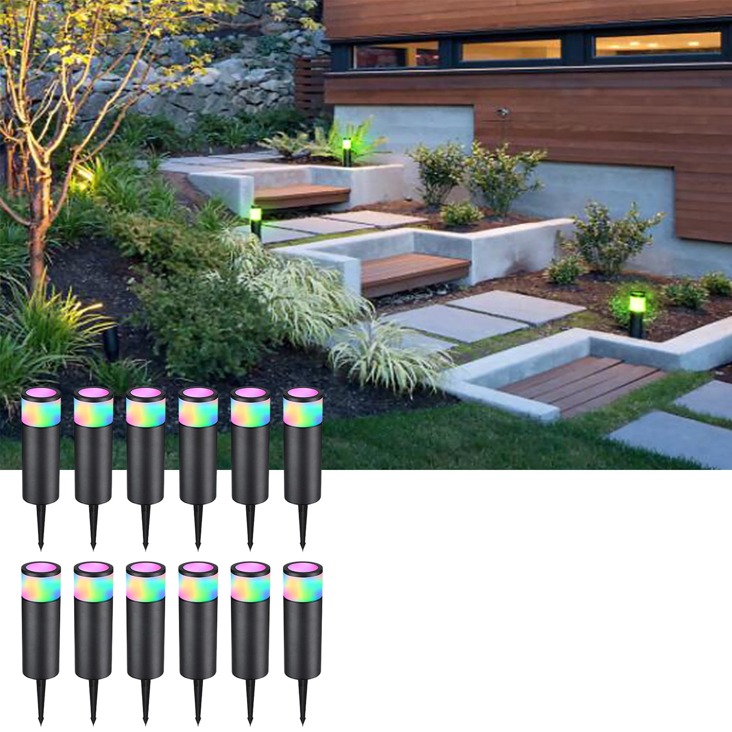 12 Pack LED Landscape Lighting, Low Voltage Walkway Lights, 7 Color Changing Outdoor Decor Light, RGBW