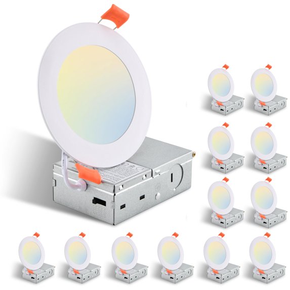 12-Pack 4.7/6.7 Inch Ultra-Thin LED Recessed Ceiling Light with Junction Box, 2700K-5000K Dimmable Color Changing Downlight, 9W 810LM, Easy Install, Ideal for Kitchen, Bedroom, Basement