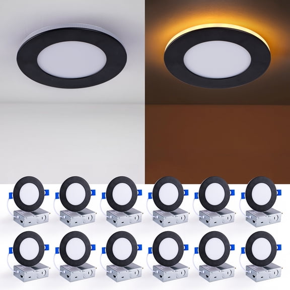 12-Pack 4" Black Canless Recessed LED Downlights with Night Light, 9W 800LM Dimmable Wafer Light, 2700K-5000K 5CCT Selectable, Junction Box Included for Soffit/ Ceiling Lighting