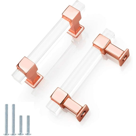 12 Pack| 4'' Clear Acrylic Drawer Handles Square Crystal Cabinet Pulls, Polished Rose Gold Dresser Cabinet Knobs Modern T Bar Kitchen Hardware, Hole Centers: 4(102mm)