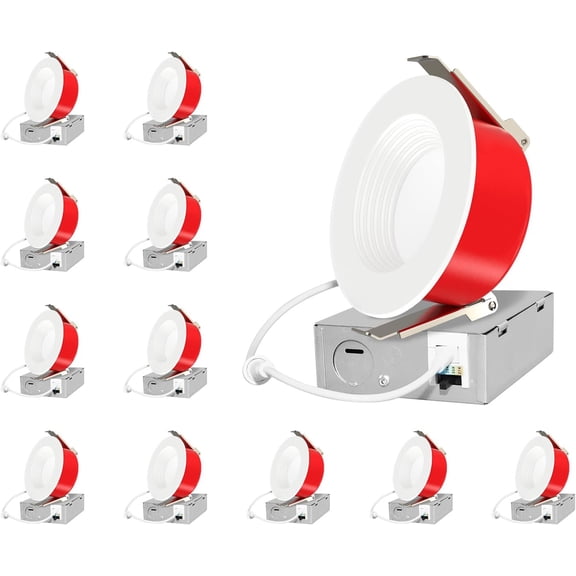 12 Pack 4 Inch 2 Hour FIRE Rated LED Recessed Lighting, 2700K/3000K/3500K/4000K/5000K Selectable, Dimmable, 900LM, Baffle Trim Anti-Glare Wafer Lights, Wet Rated Downlight, IC Rated, ETL, Energy Star