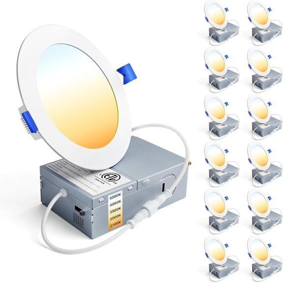 12 Pack 4 Inch LED Recessed Ceiling , Dimmable, 2700K-5000K 5CCT, 750LM 9W 120V, High Brightness Canless Wafer Down - ETL&FCC&IC