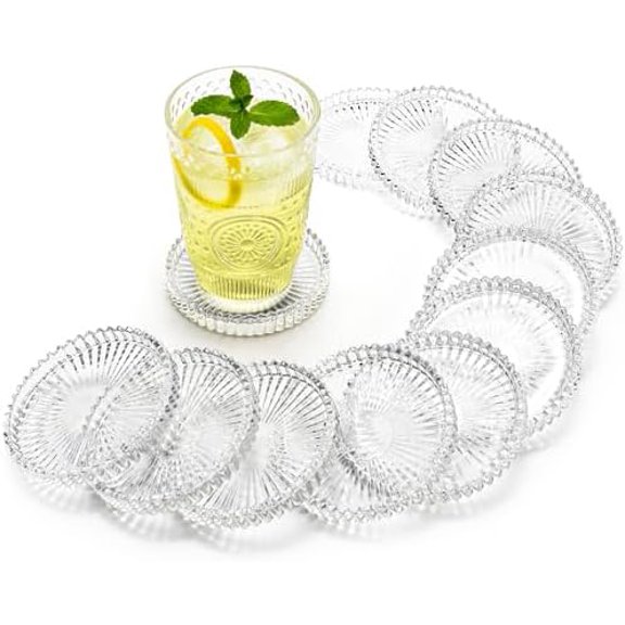 12 Pack 4 Inch Modern Clear Coaster Set, Round Pillar Candle Holder Plates, Clear Crystal Glass Coaster for Drinks, Bar, Dining Table$$Home Decor, Kitchen, & Other