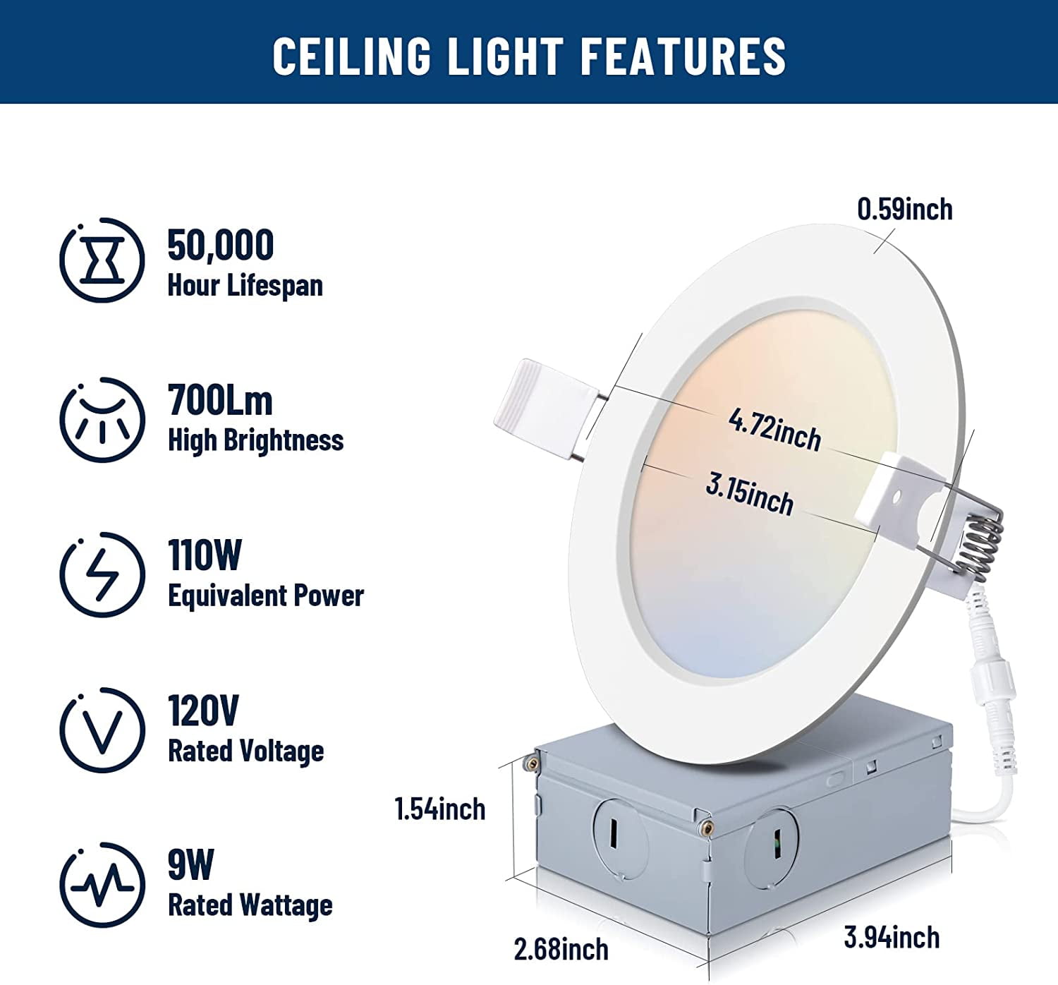 12 Pack 4 Inch UltraThin LED Recessed Ceiling Light with Junction Box, 5CCT Dimmable 2700K