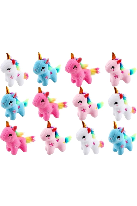 12 Pack 4" Mini Plush Unicorn Toys Small Stuffed Unicorn Cute Plush Keychain Stuffed Animal Toys Bulk for Christmas Birthday Wedding Party Favors, 4 Colors